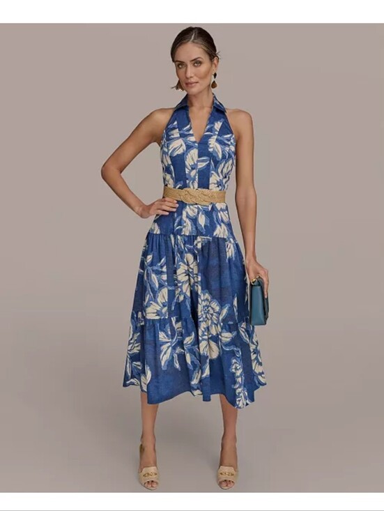 Donna Karan Dresses & Skirts - Donna Karan New York Halter Maxi Dress 16 Blue Floral Belted Resort NWT $199